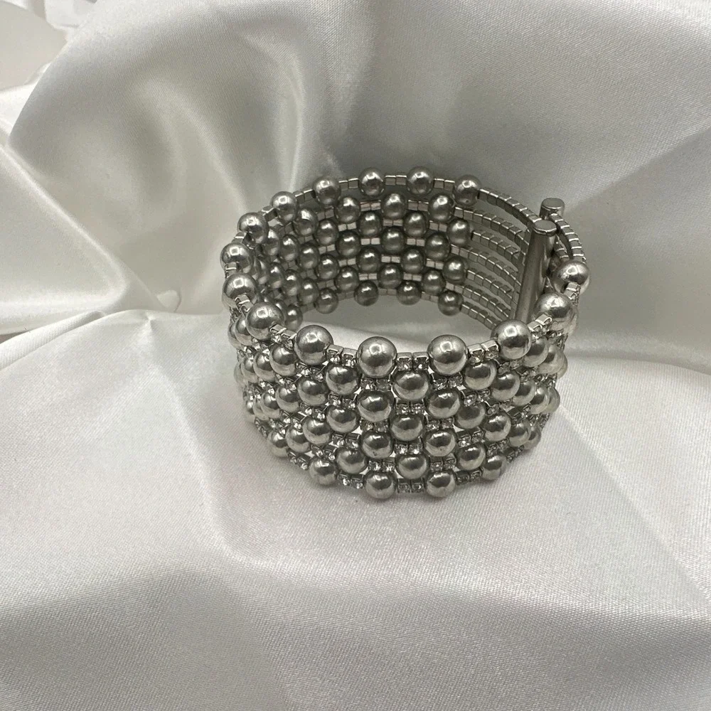 Vintage 90s Silver Tone Multi Row Bead Clear Glass Wide Cuff Statement Bracelet